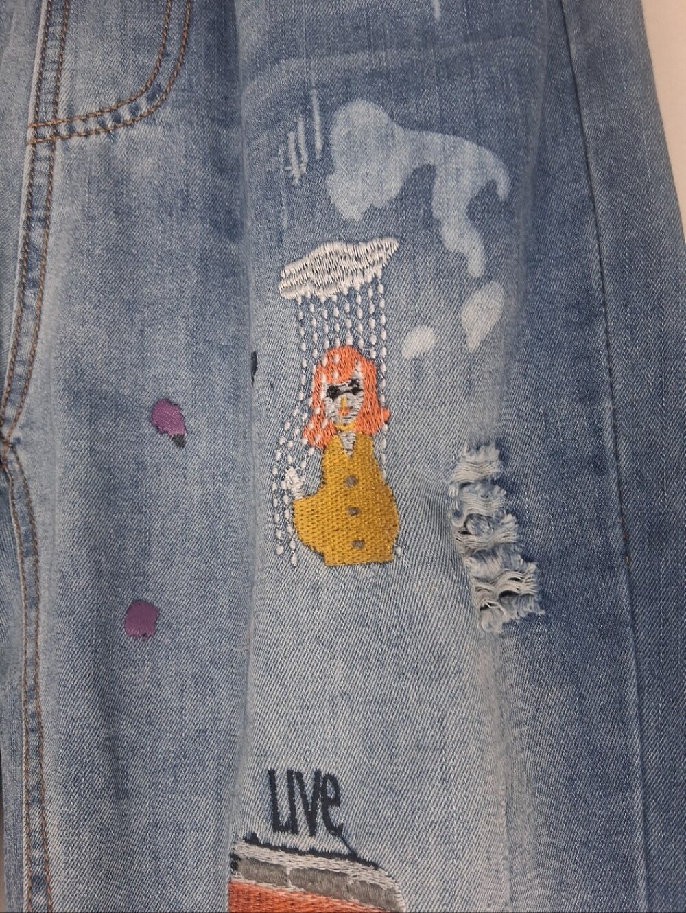 Boho Bundle -2 Cropped Jeans Embroidered Cat Y2K Inspired High Rise Pull-On M - Picture 12 of 16